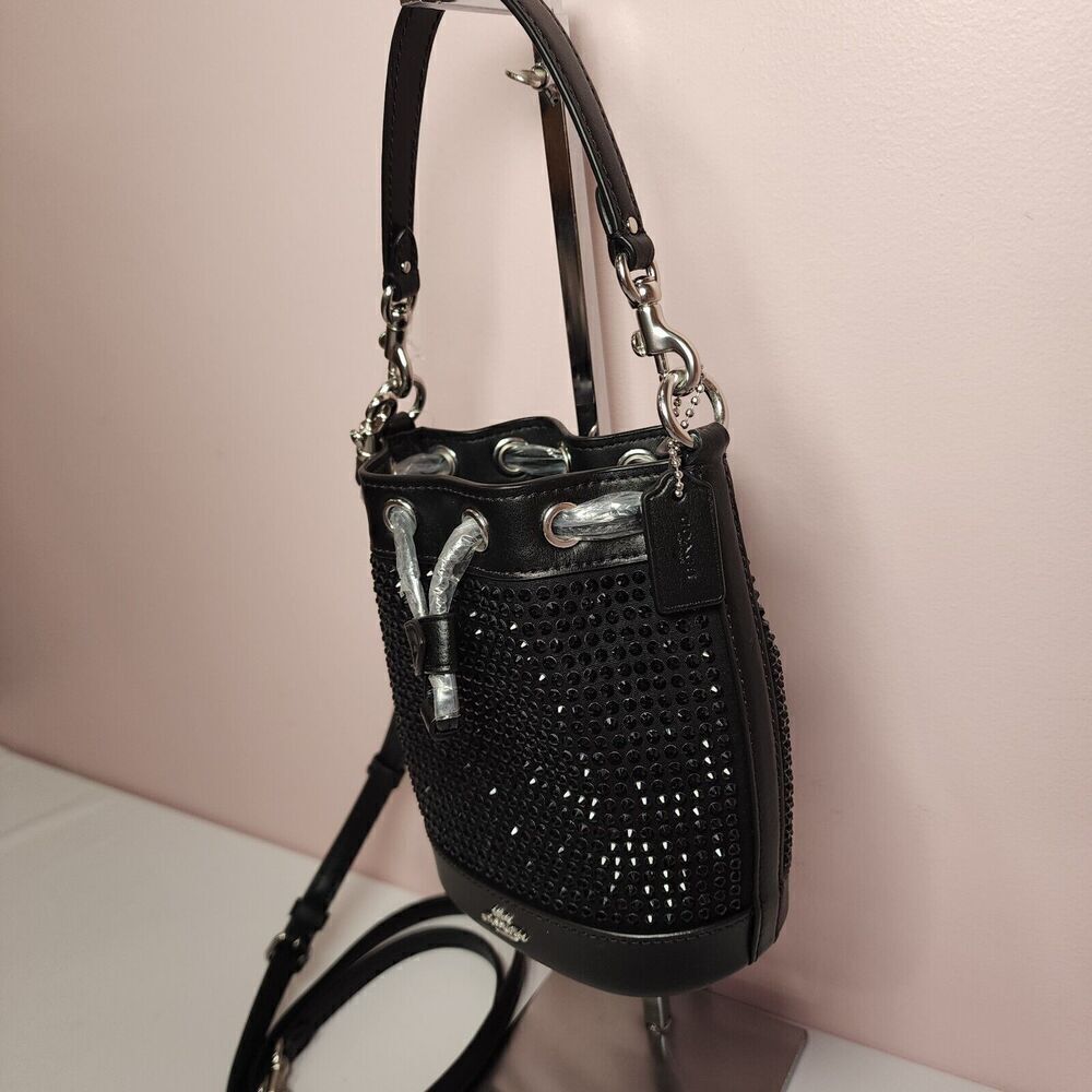 NWT COACH CX213 BLACK CRYSTAL MINI BUCKET DRAWSTRING SHOULDER CROSSBODY BAG - Picture 3 of 6